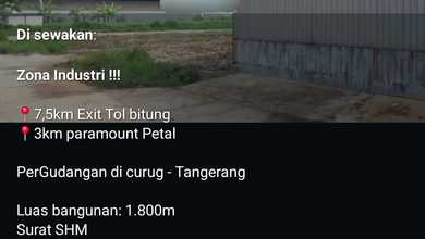 Disewa Gudang LB 1.800 M² SHM, Curug, Tangerang