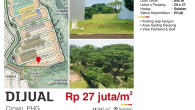 For Sale Tanah Eksklusif di Gading Serpong Pondok Hijau Golf, Tangerang, LT 945m²
